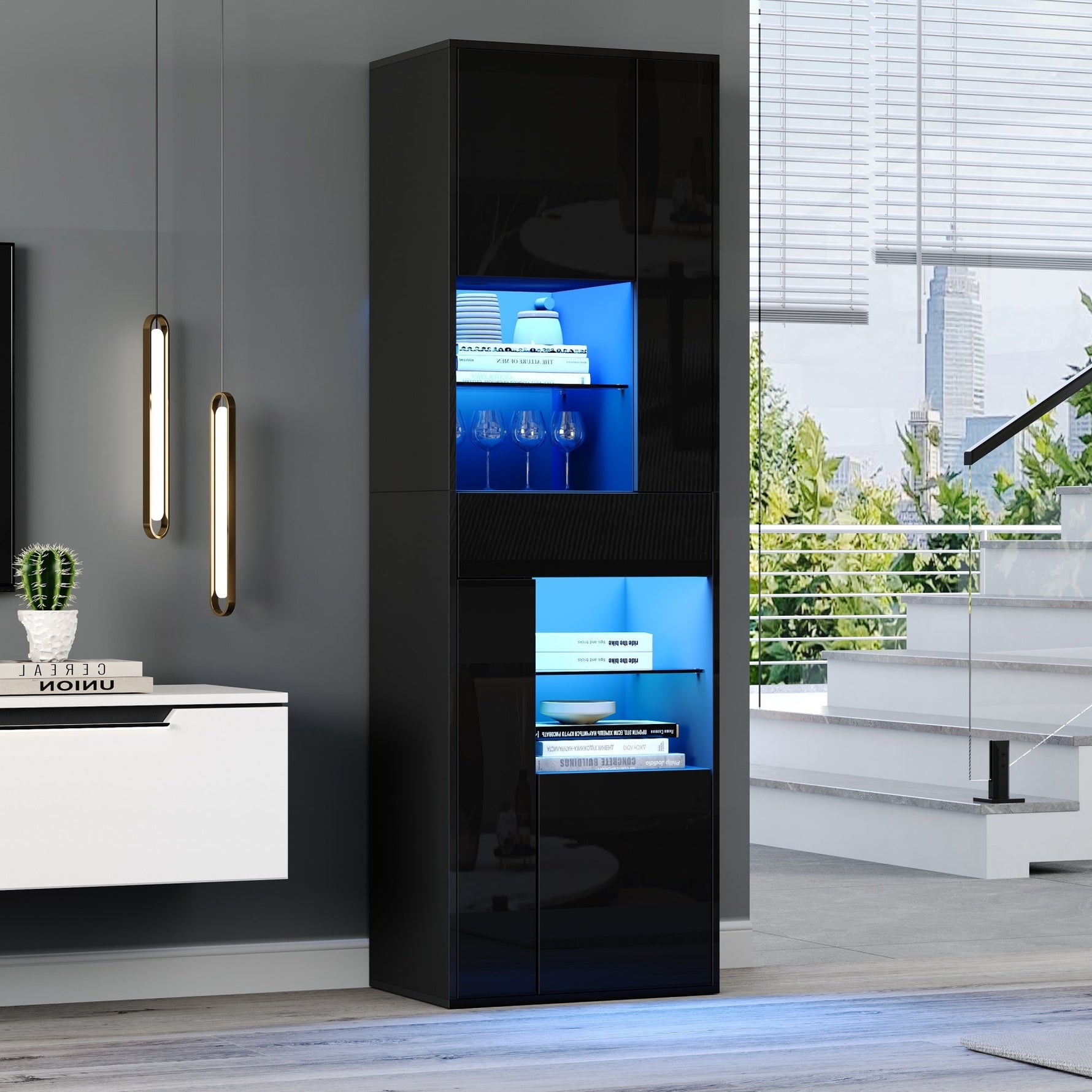 Display Cabinet 55x38x170cm Tall with LED Light, High-Gloss Black