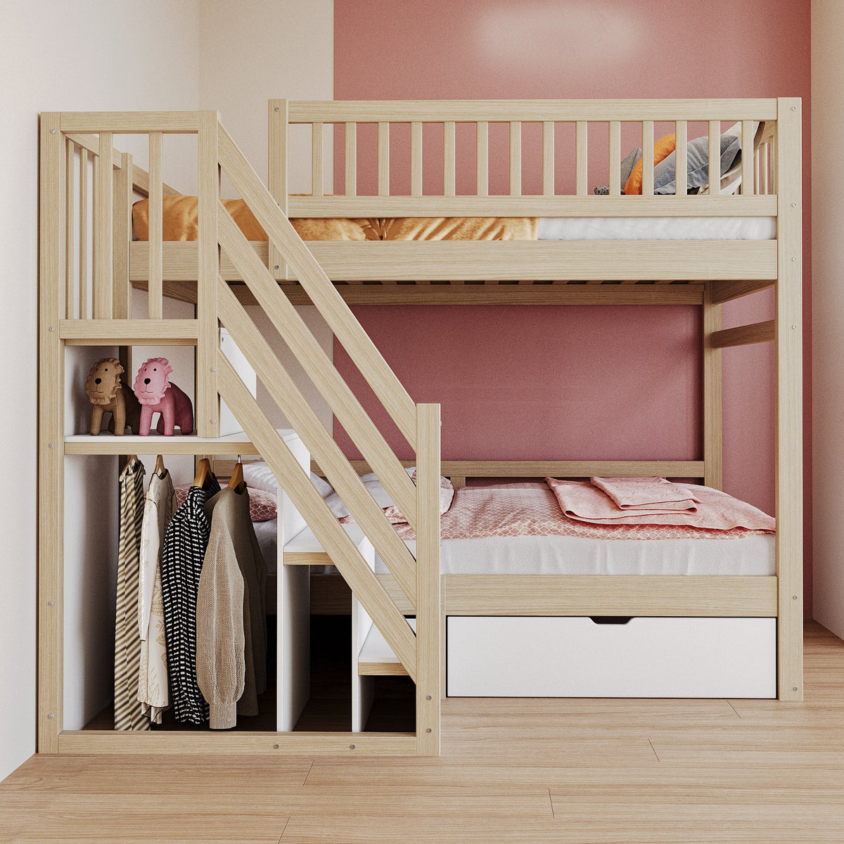 Bunk Bed, Solid Wood 90x200cm with Safety Rail, Slatted Frame, Storage Ladder & Drawers, Wood Color