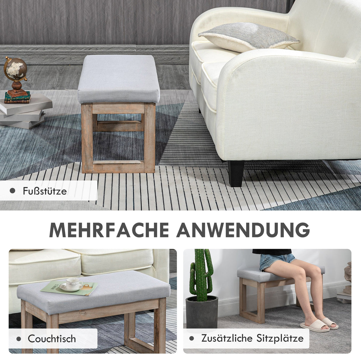 Footstool upholstered with wooden legs, 68x38x42 cm, grey