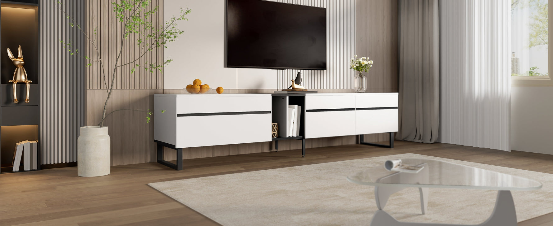 TV Stand 180cm Drop-Down Open Shelves Double Doors - White
