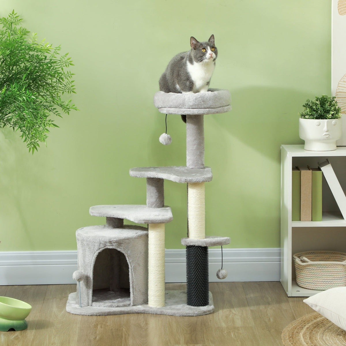 Cat Tree 87 cm, Cave Bed Scratching Post, Light Grey