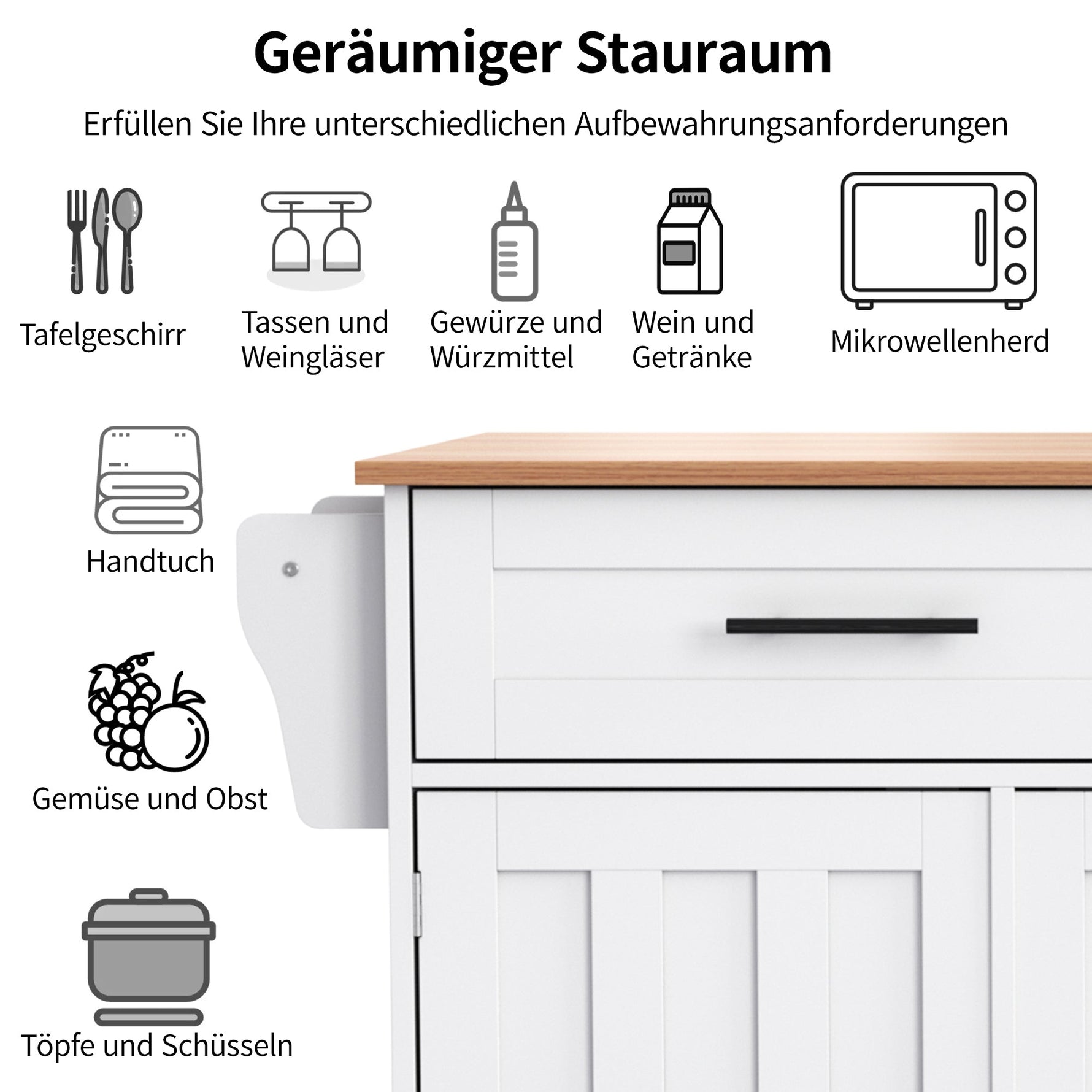 Dining Cart Sideboard 129cm Folding Worktop Storage Cabinet Wheels Reversible Feet - Wood Grain & White