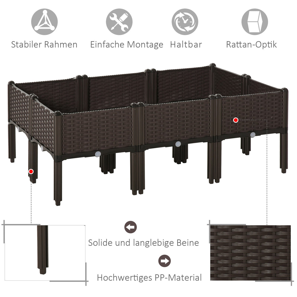 Raised Bed Planter 6-Piece Rattan Look with Drainage Holes Brown