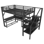 Loft Bed with Desk, LED Light Strip and Storage Staircase, 140 x 200 cm, Black Iron Frame