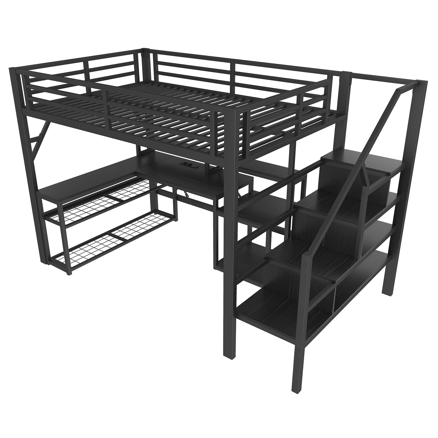 Loft Bed with Desk, LED Light Strip and Storage Staircase, 140 x 200 cm, Black Iron Frame