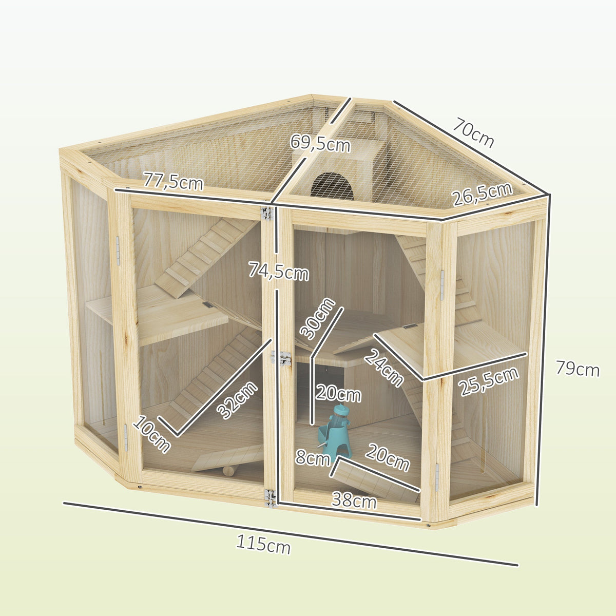 Wooden Hamster Cage, 4 Levels, Feeding Station, Seesaw, Ramp, Huts