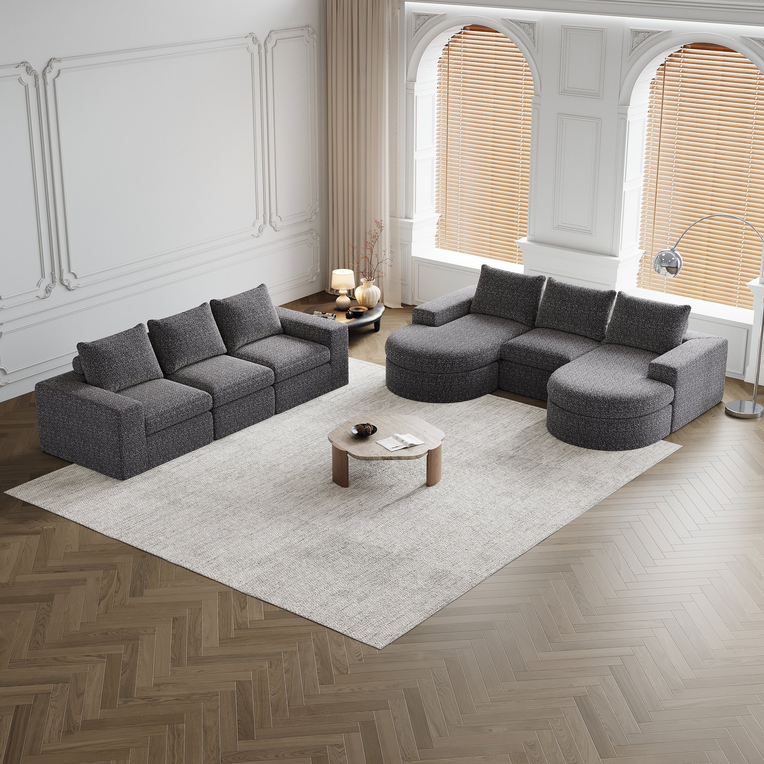 Chenille Sofa, Curved Modular L-Lounger, Two-Piece Set