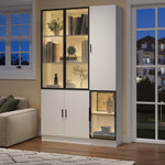 Glass Display Cabinet with LED Lights and 10 Storage Compartments, White and Glass