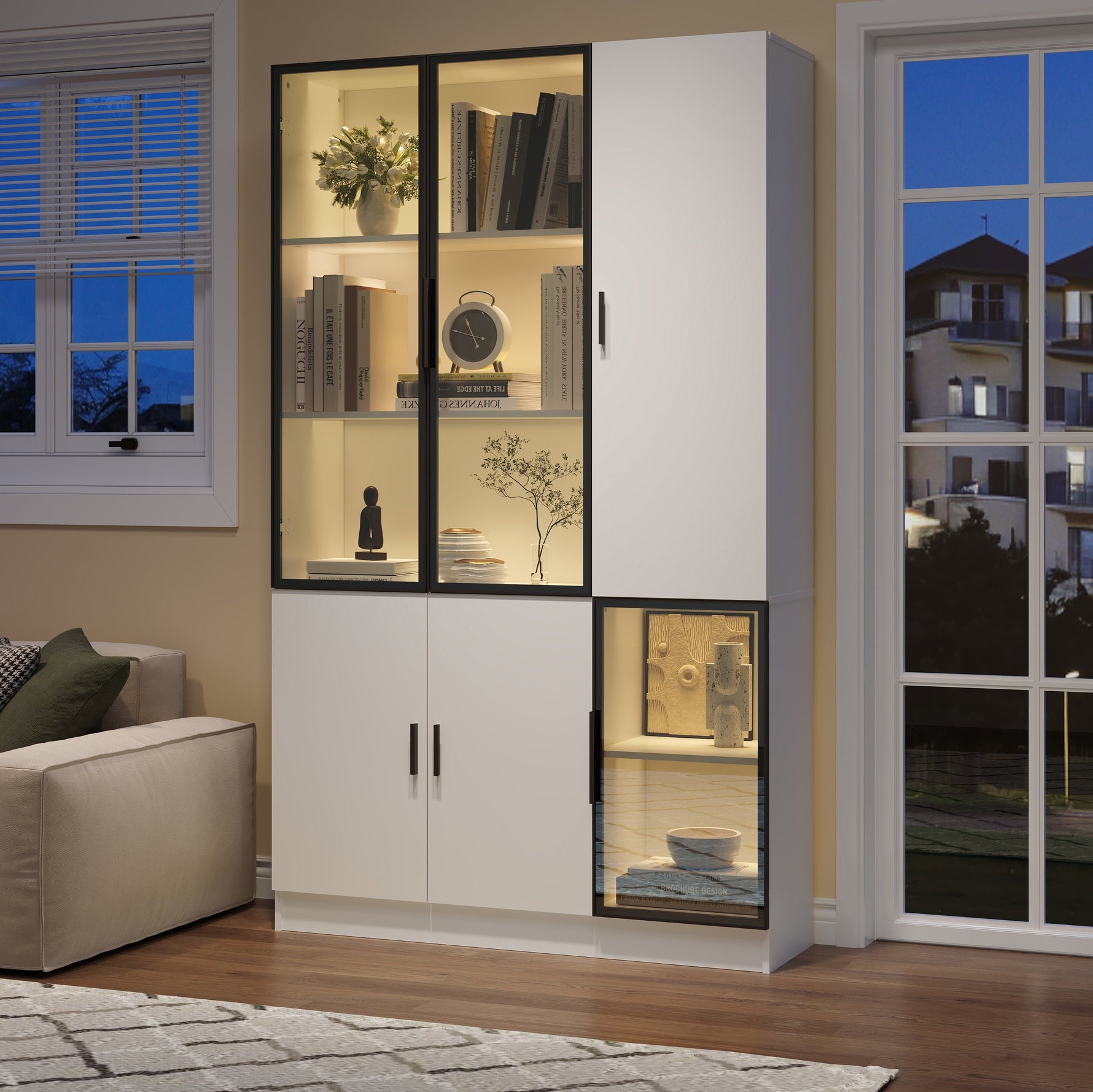 Glass Display Cabinet with LED Lights and 10 Storage Compartments, White and Glass