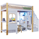 Loft Bed 90x200cm LED Window Design Desk Storage Ladder Power Outlet - White/Natural