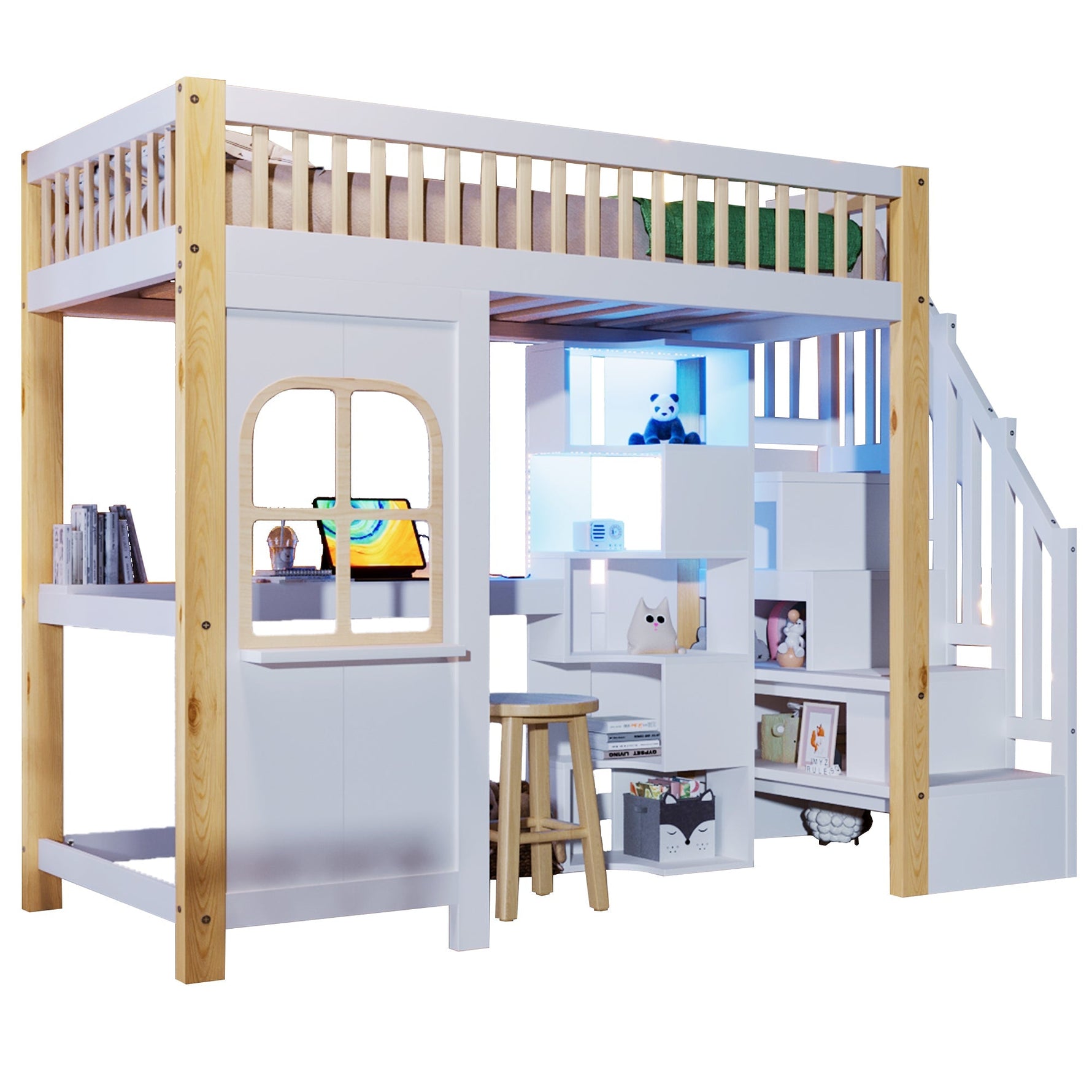 Loft Bed 90x200cm LED Window Design Desk Storage Ladder Power Outlet - White/Natural