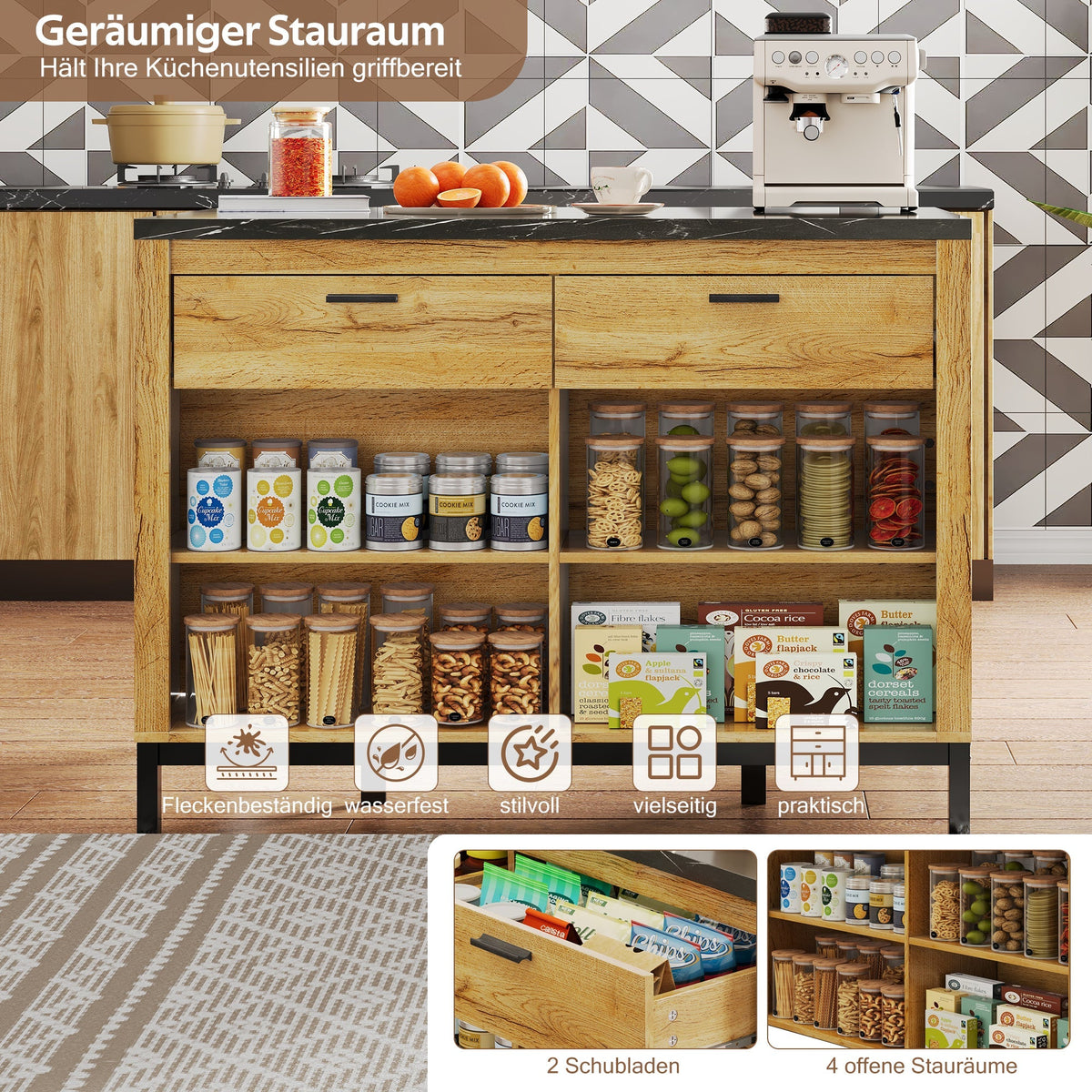 Kitchen Island Country Style 2 Drawers 4 Shelves Bar Area - Oak Wood/Black Marble