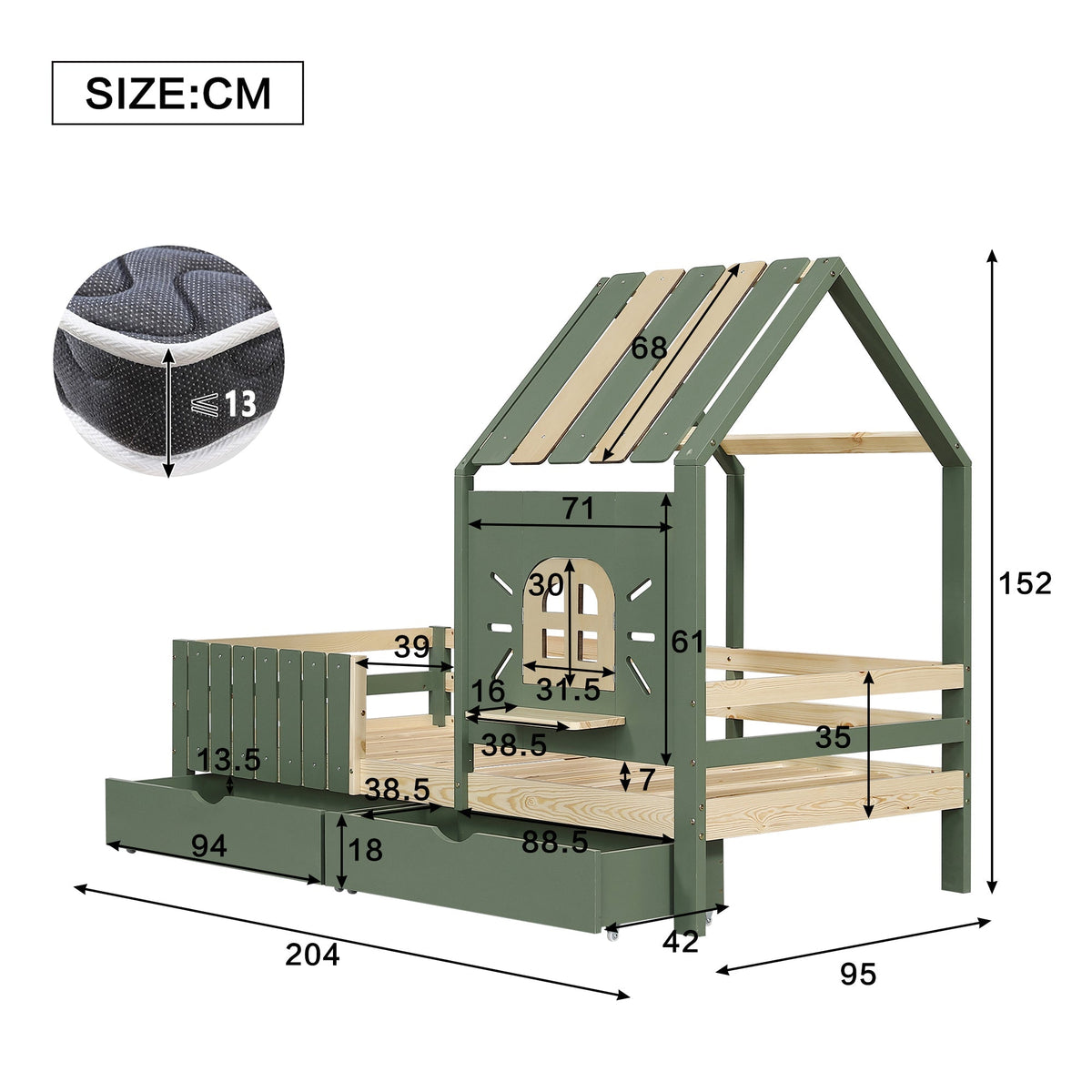Children's House Bed with Roof, Window, Fence, 2 Drawers, 90x200cm - Pine/MDF Green/Natural