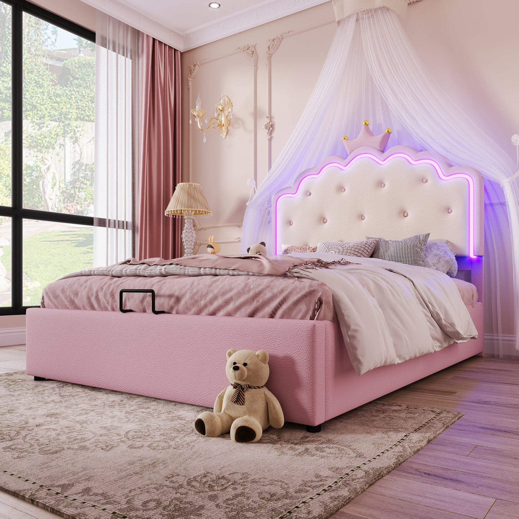 Upholstered Bed with LED Lighting and Hydraulic Storage, 140 x 200 cm, Pink PU