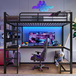 Loft Bed with Desk, Shelves, USB Sockets and LED Strip, Black Iron Frame