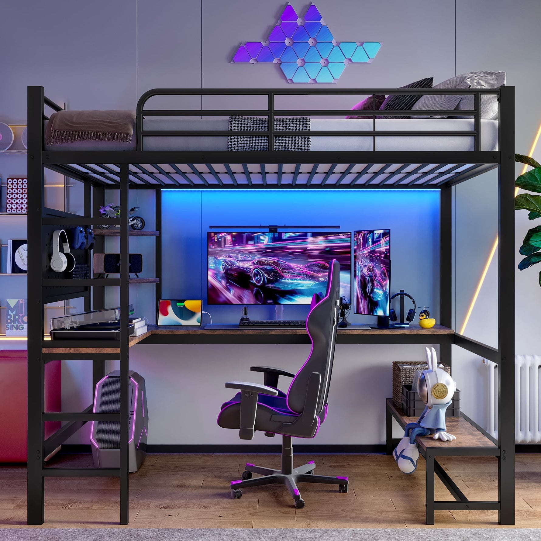 Loft Bed with Desk, Shelves, USB Sockets and LED Strip, Black Iron Frame