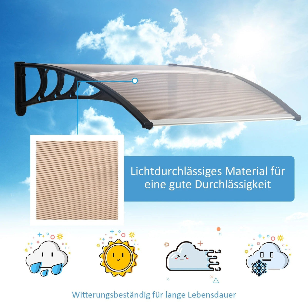 canopy front door pent canopy roof, weatherproof, 120x75cm, brown polycarbonate