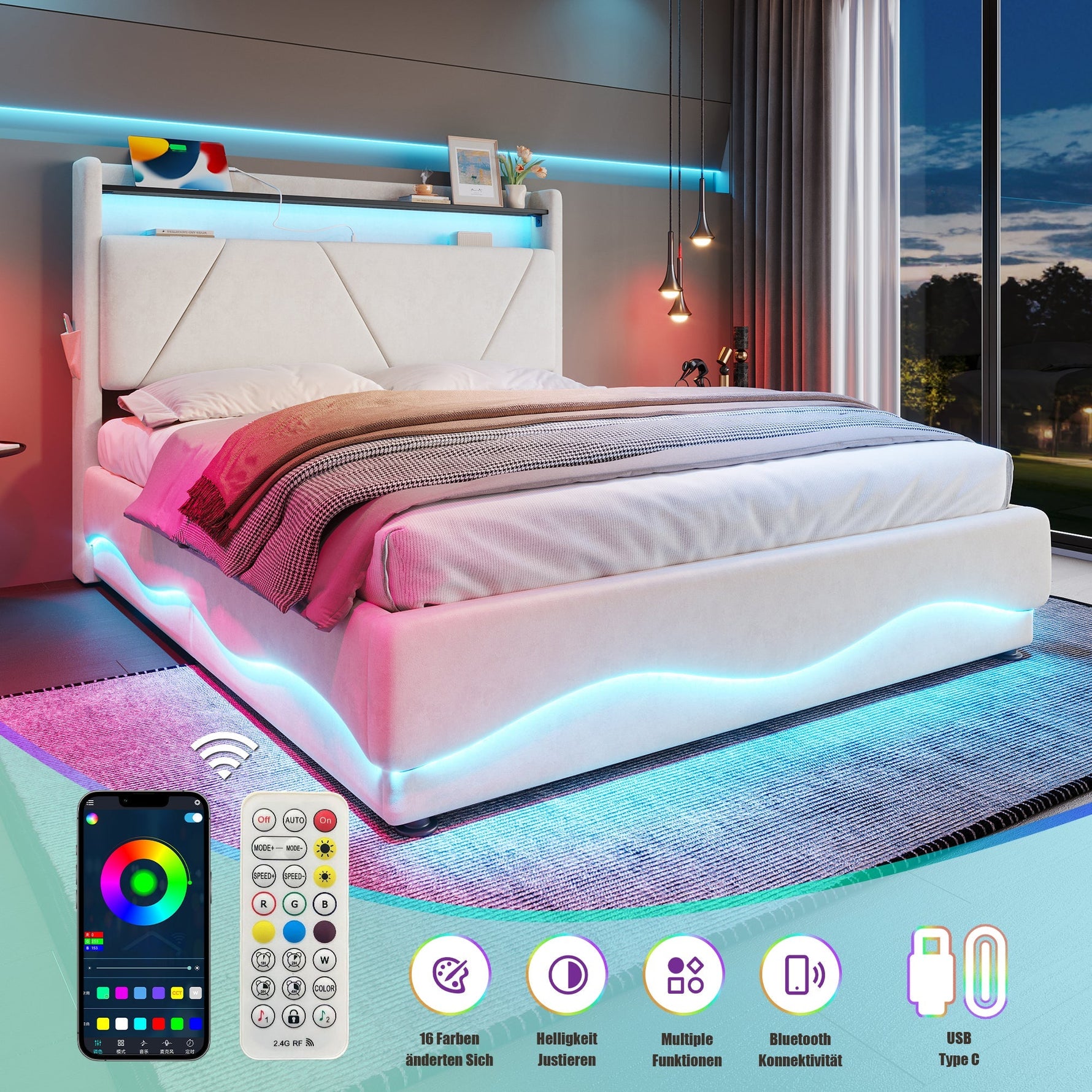 Modern Upholstered Bed 140x200cm, LED Headboard, Storage, USB Ports, Gas Spring Slatted Base