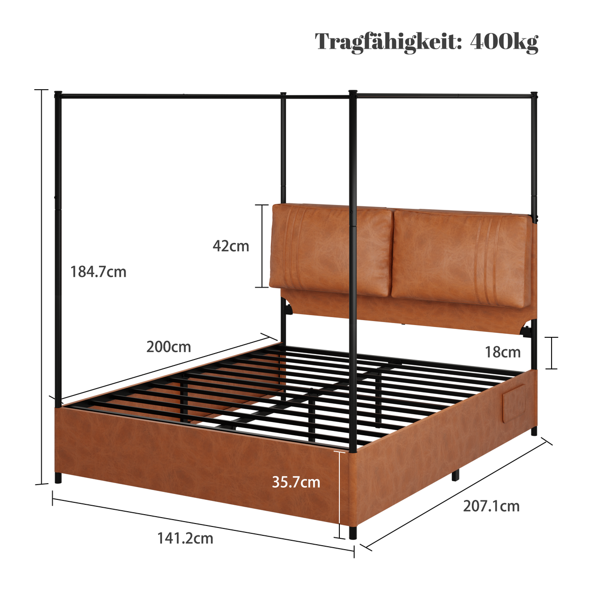 Dual-Purpose Bed 140x200 Leather Cushions Metal Cuff, Luxury Leather