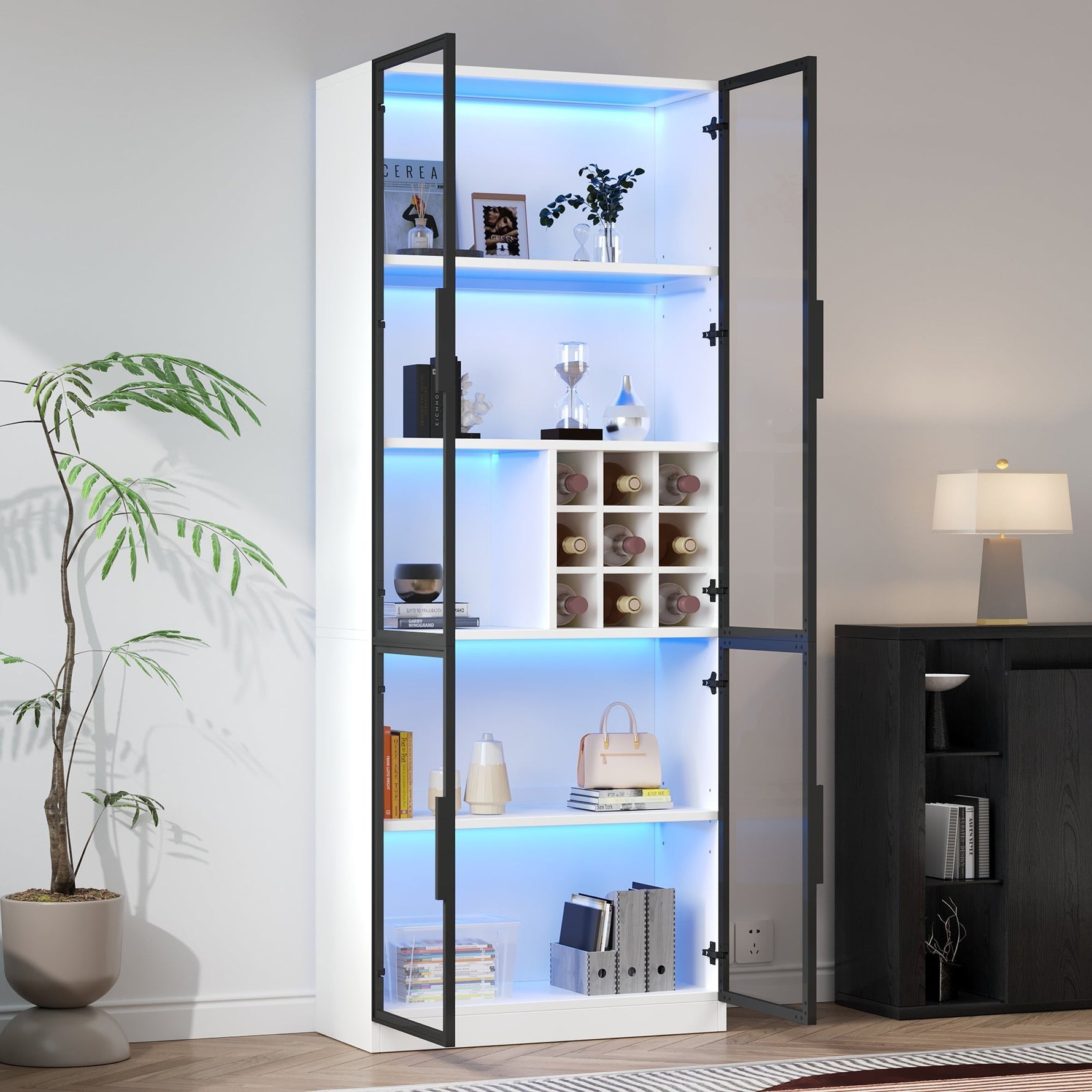 Display Cabinet 80x35x200cm Tall Cabinet Bookcase Wine Rack with Double Doors, Glass/LED
