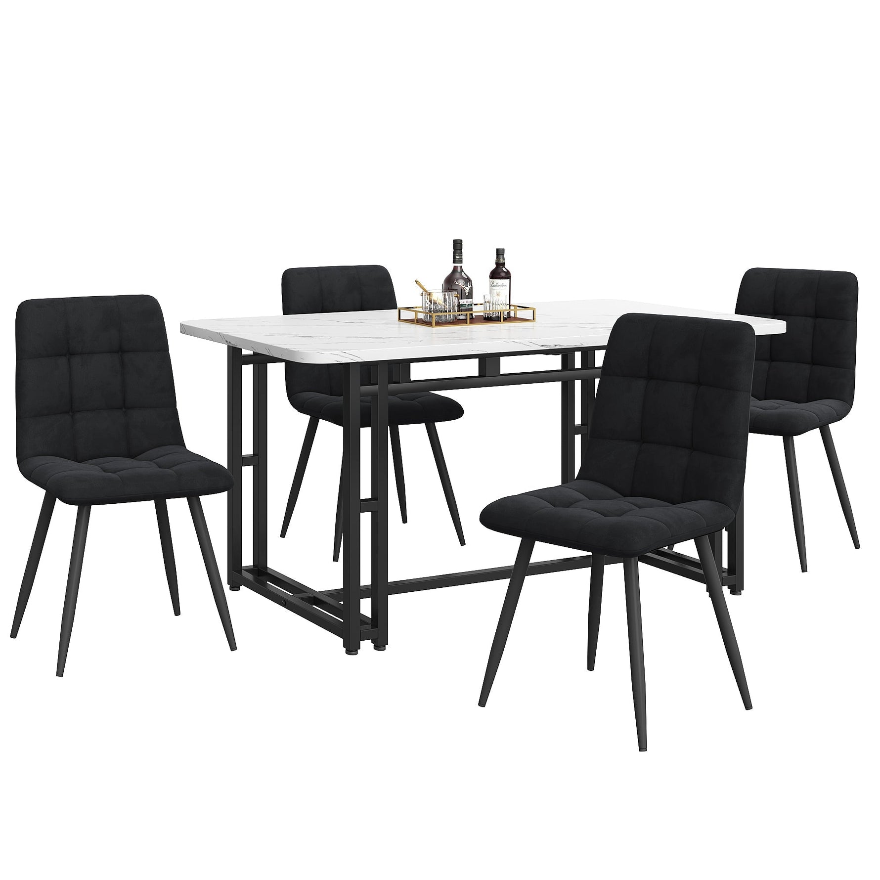 Dining Set (5-Piece) Modern Kitchen Table 140x80cm with Black Velvet Chairs, Black Iron
