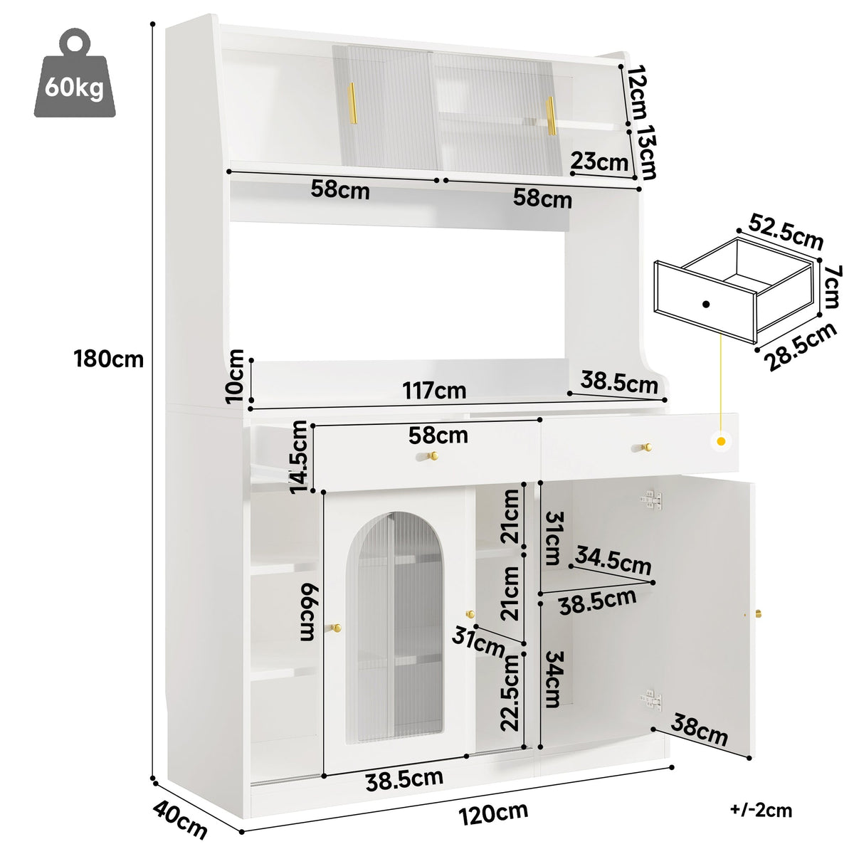 Tall Kitchen Cabinet Buffet Sideboard, Display Storage Adjustable Shelves 2 Drawers LED Lighting - White