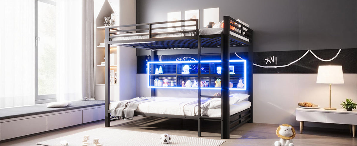 Bunk Bed 140x200 with Storage Cabinets LED Light Black