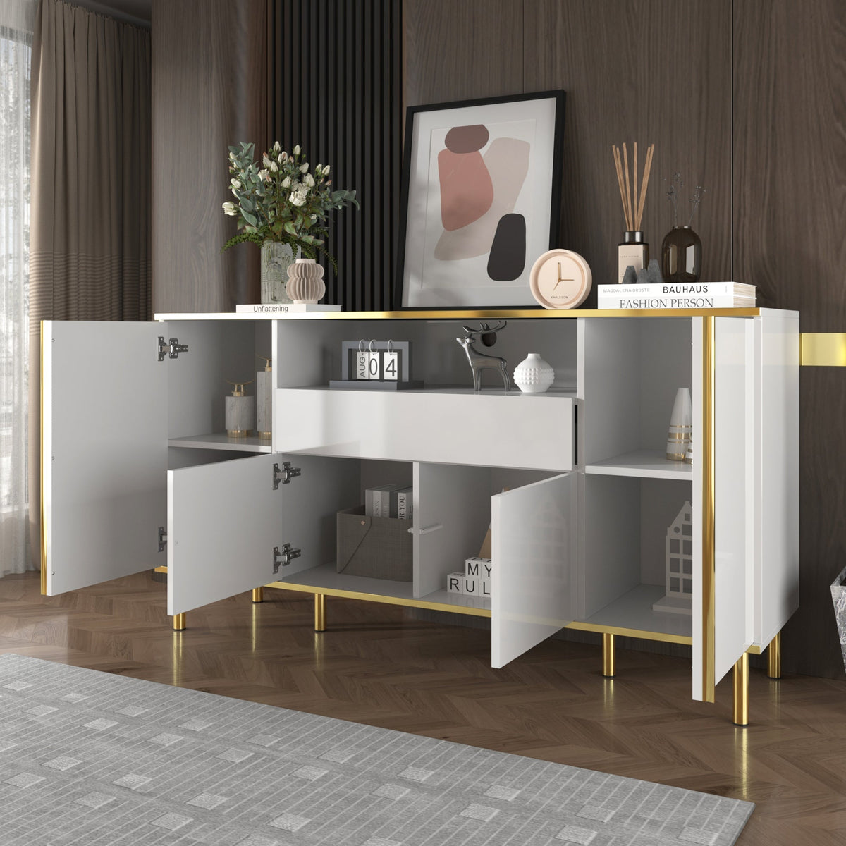 Sideboard, Chest of Drawers with 1 Drawer, High-Gloss White