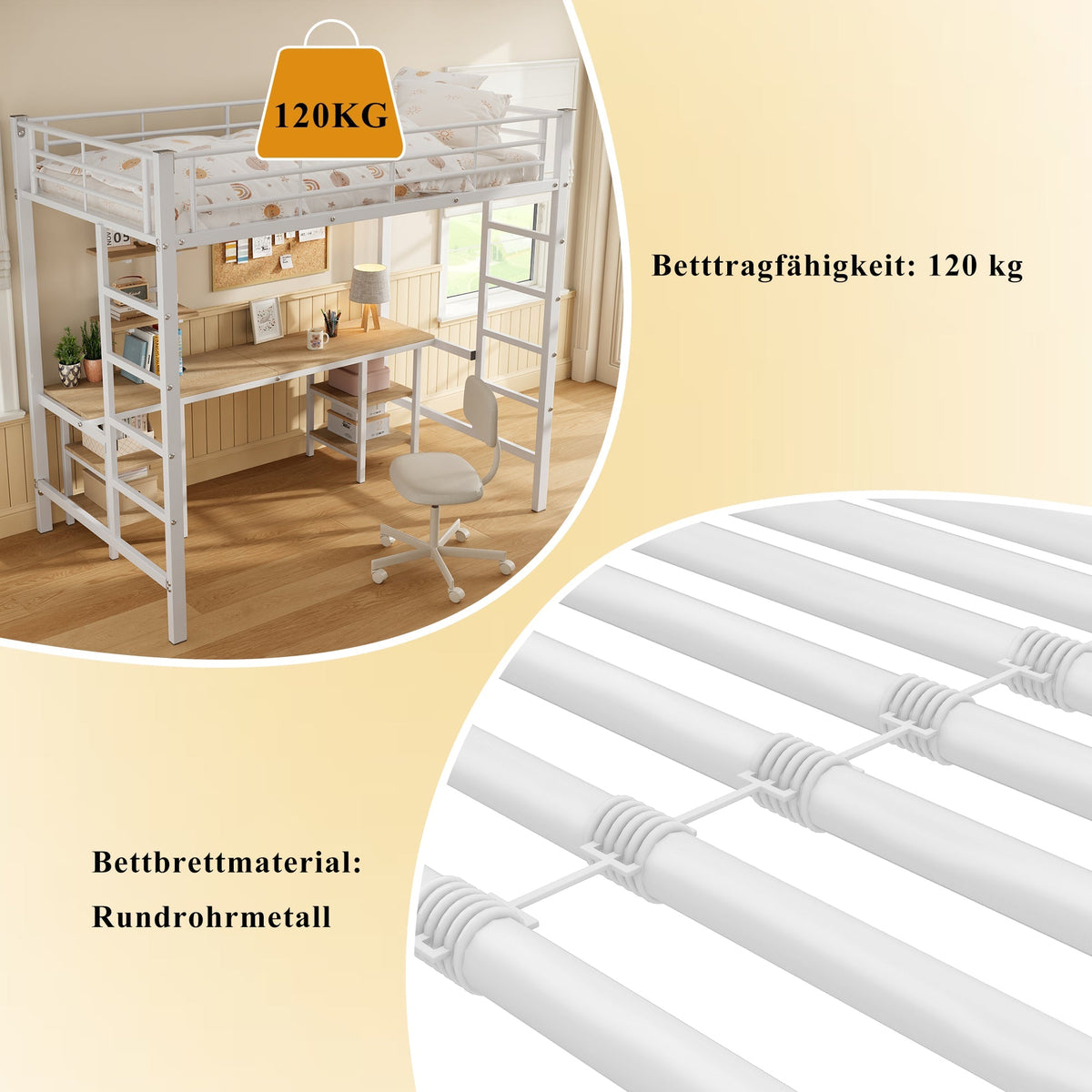 Iron Frame Bunk Bed with Table, Shelves, Safety Rail, 90x200cm, White Iron + MDF