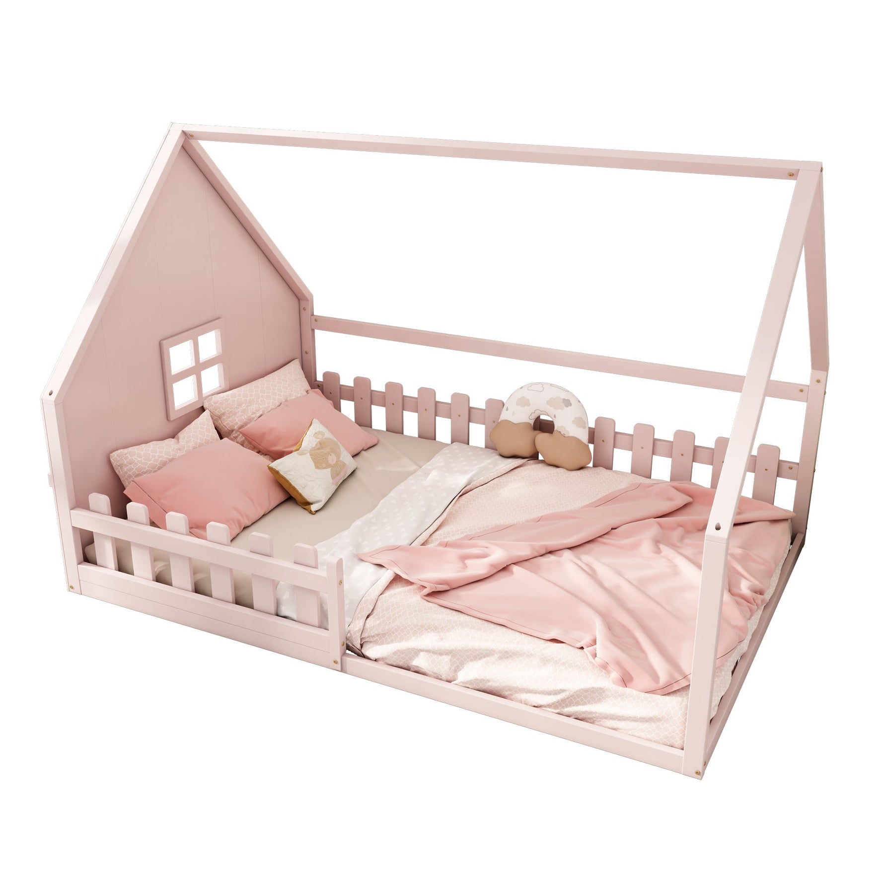 Flatbed Children's Bed 140x200cm House Rail - Pine Wood Pink