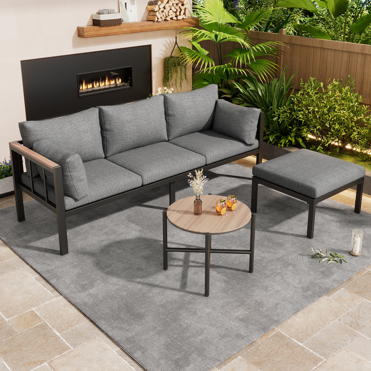 Garden Furniture Set Corner Suite with Sofa, Table & Stool, Grey