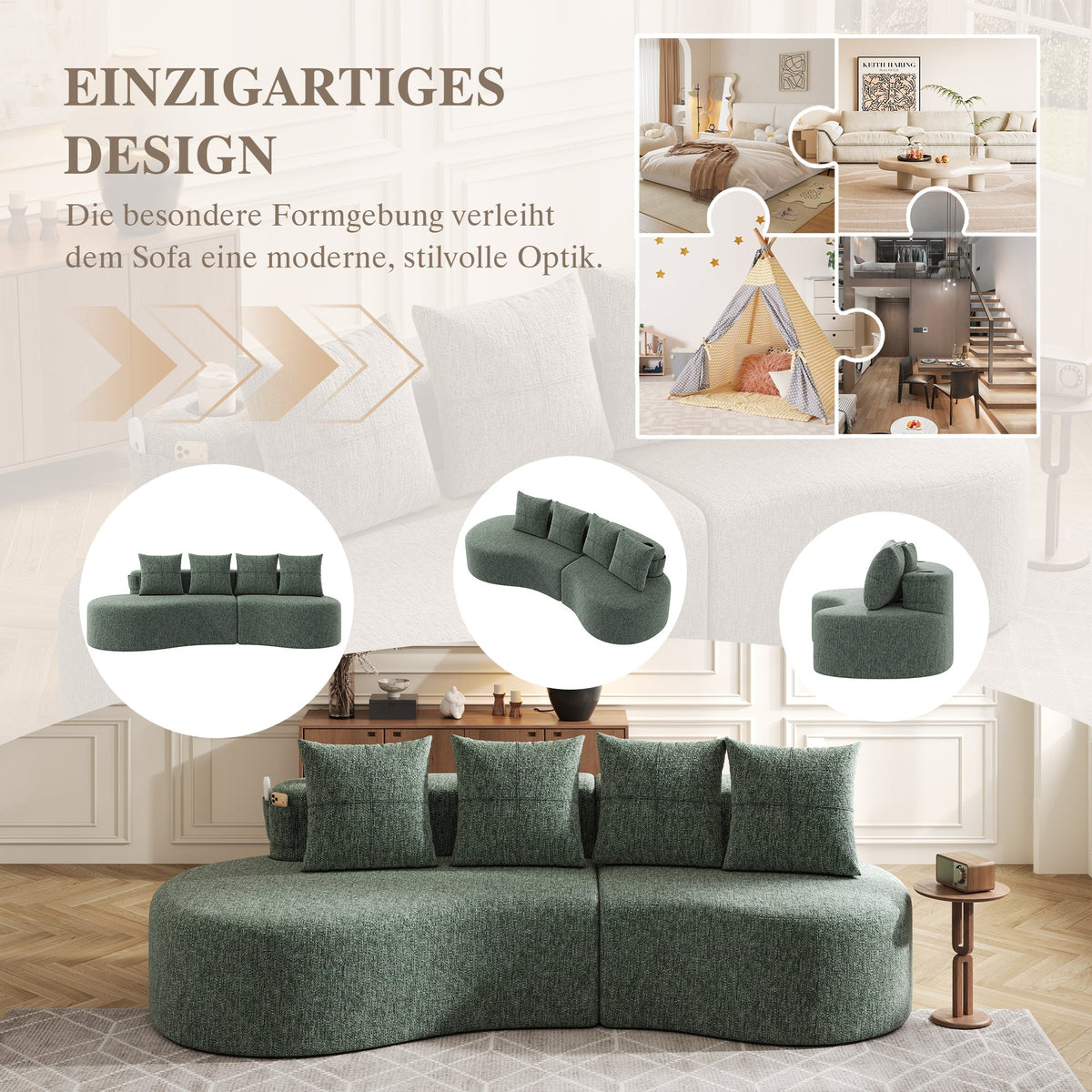 Linen Sofa with 4 Cushions, Cup Holder and Side Pocket, Green
