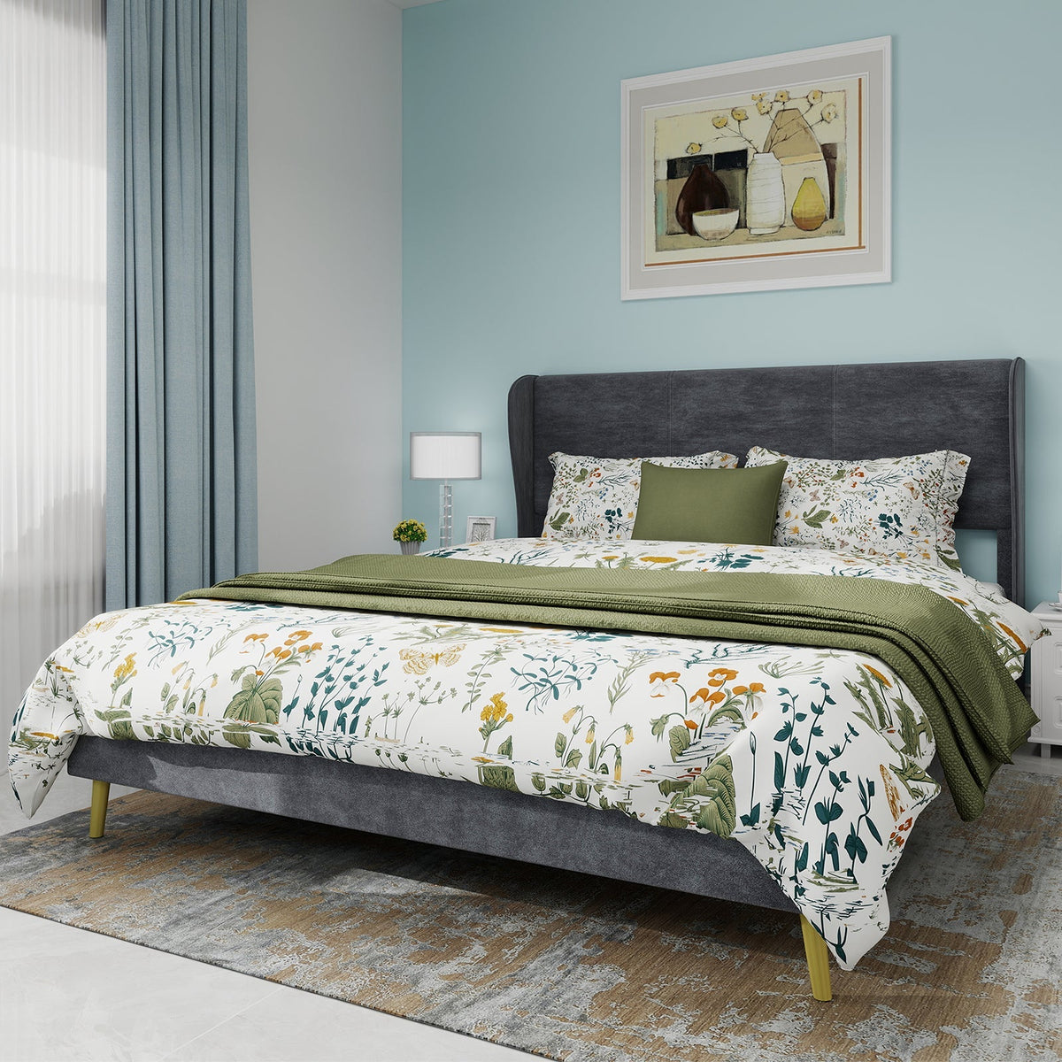 Upholstered Bed, Modern Minimalist Soft Headboard, 160x200 cm Grey