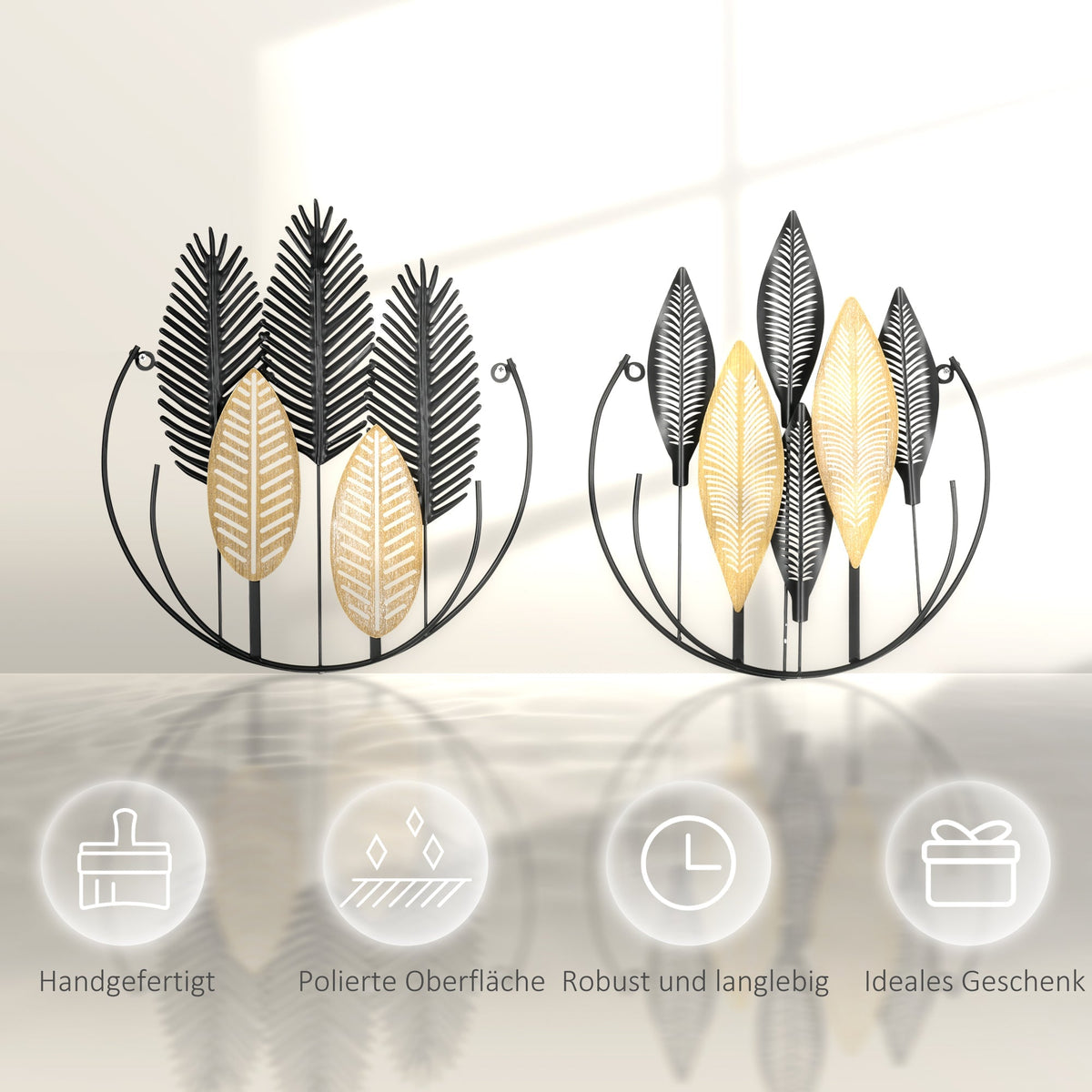 3D Wall Art 2-Set Leaves Decoration, Modern Metal Black and Natural