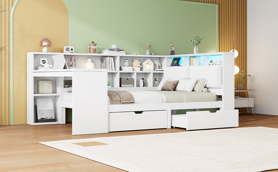 L-shaped Platform Bed 140x200 with Desk Bookshelf Upholstered Headboard Drawers LED Light White Wood