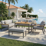 L-Shaped Garden Sofa Set 8-Person Iron Frame Wood Table - Grey Cushions