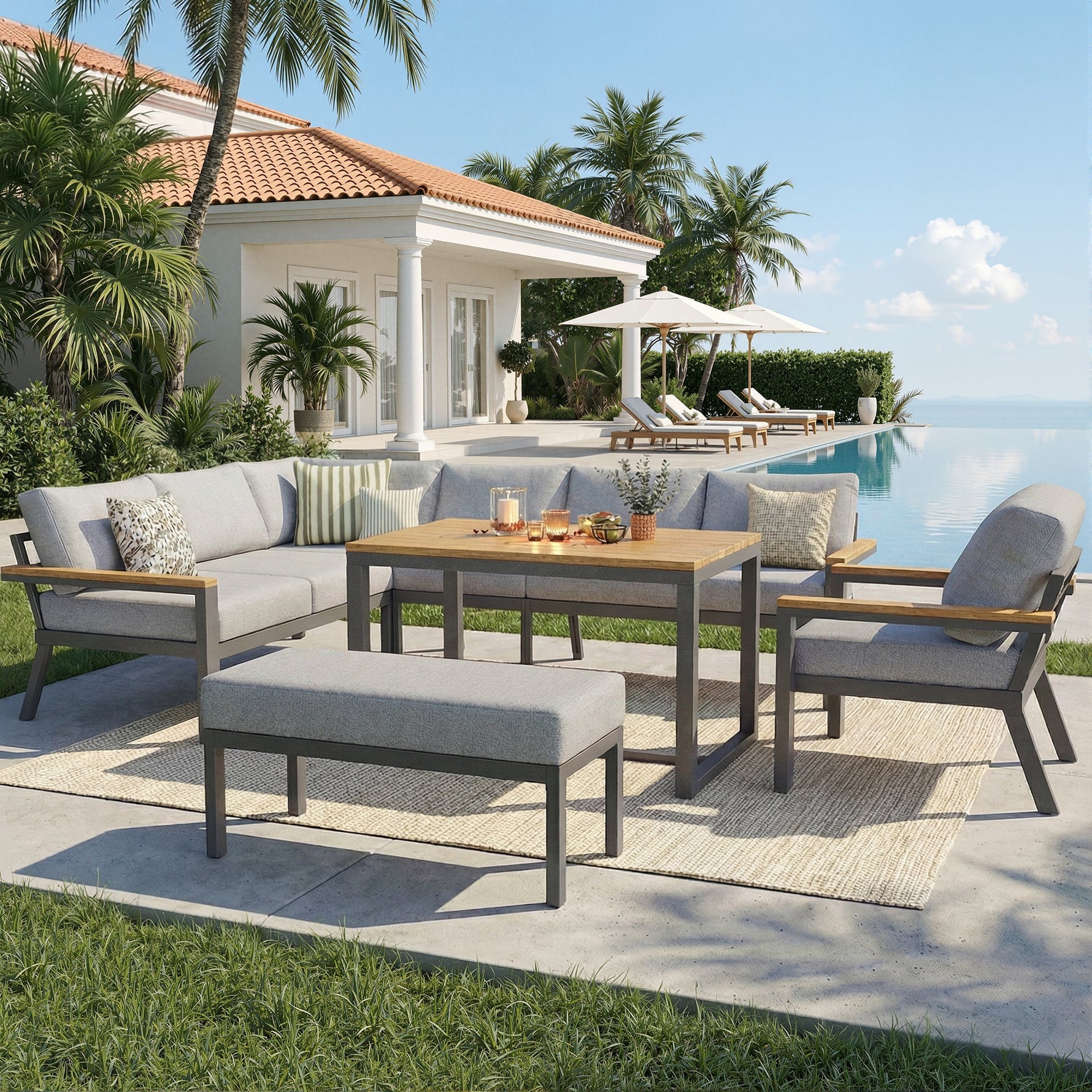 L-Shaped Garden Sofa Set 8-Person Iron Frame Wood Table - Grey Cushions