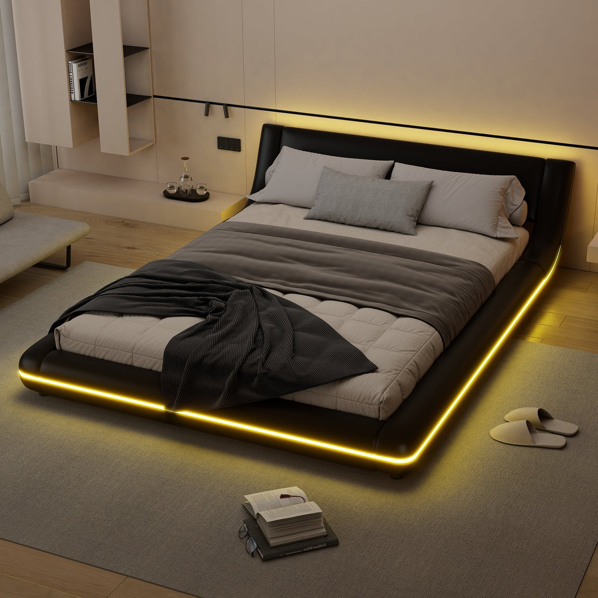 Floor Bed 140x200cm LED Ambient Light - PU Black