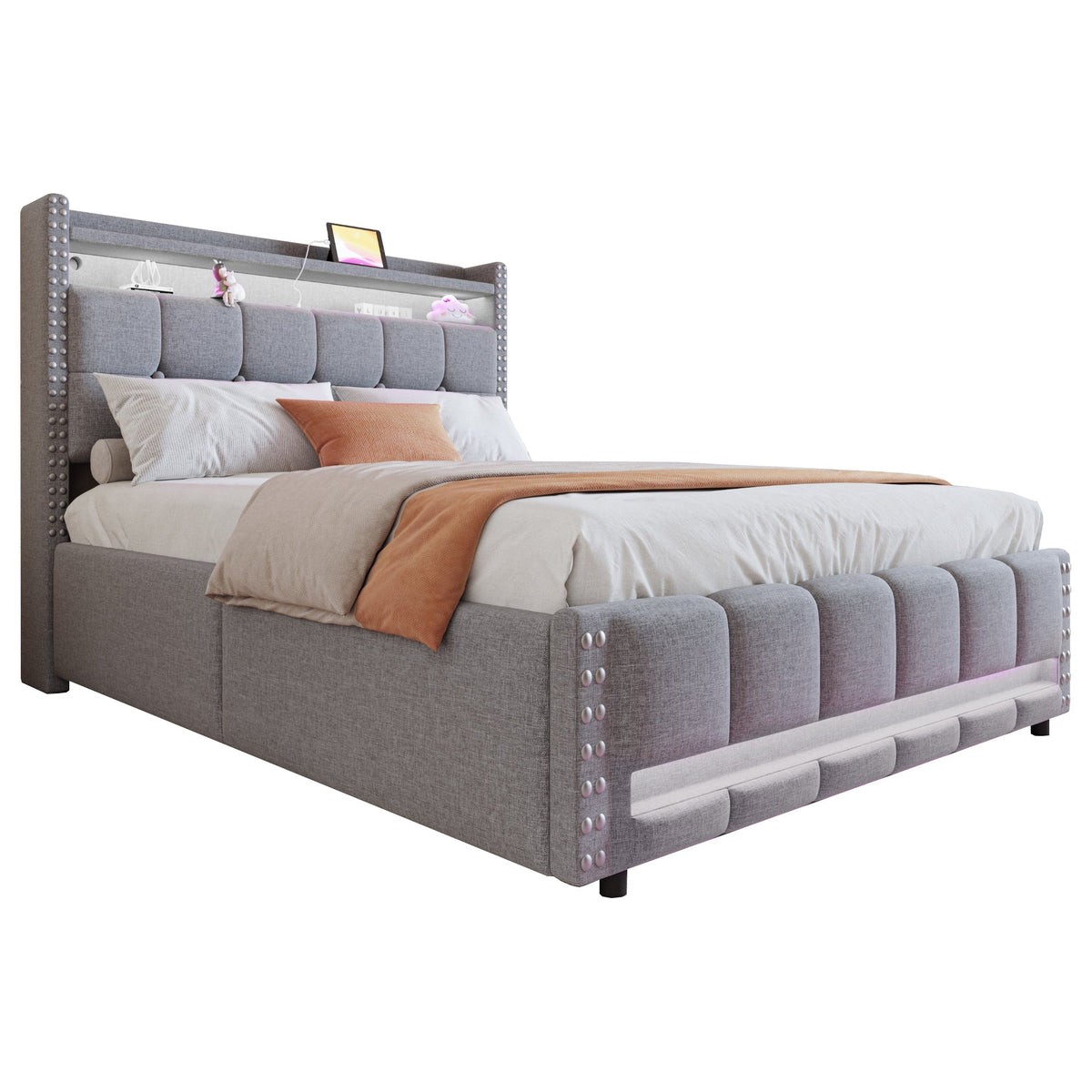Upholstered Bed 140x200cm, LED & USB, Hydraulic Storage, Light Grey Linen