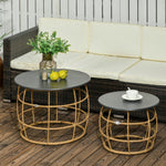 Side Table Set, 2 Coffee Tables with Hand-Woven Table Top, Sand