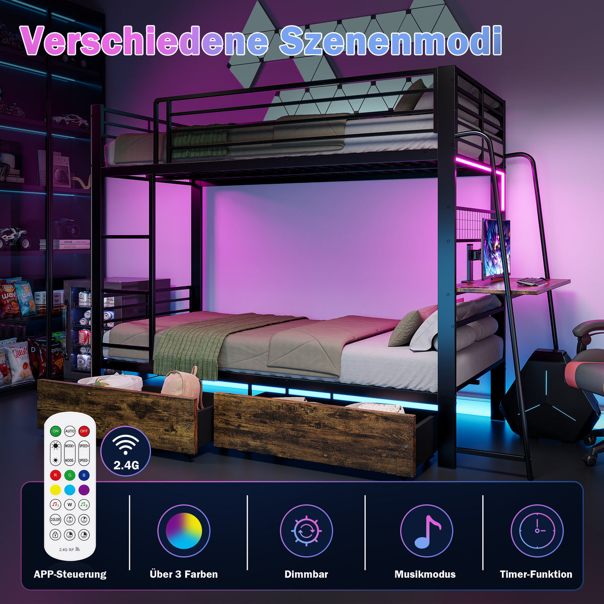 Bunk Bed 90x200cm with Desk, LED & Storage Drawers, Metal
