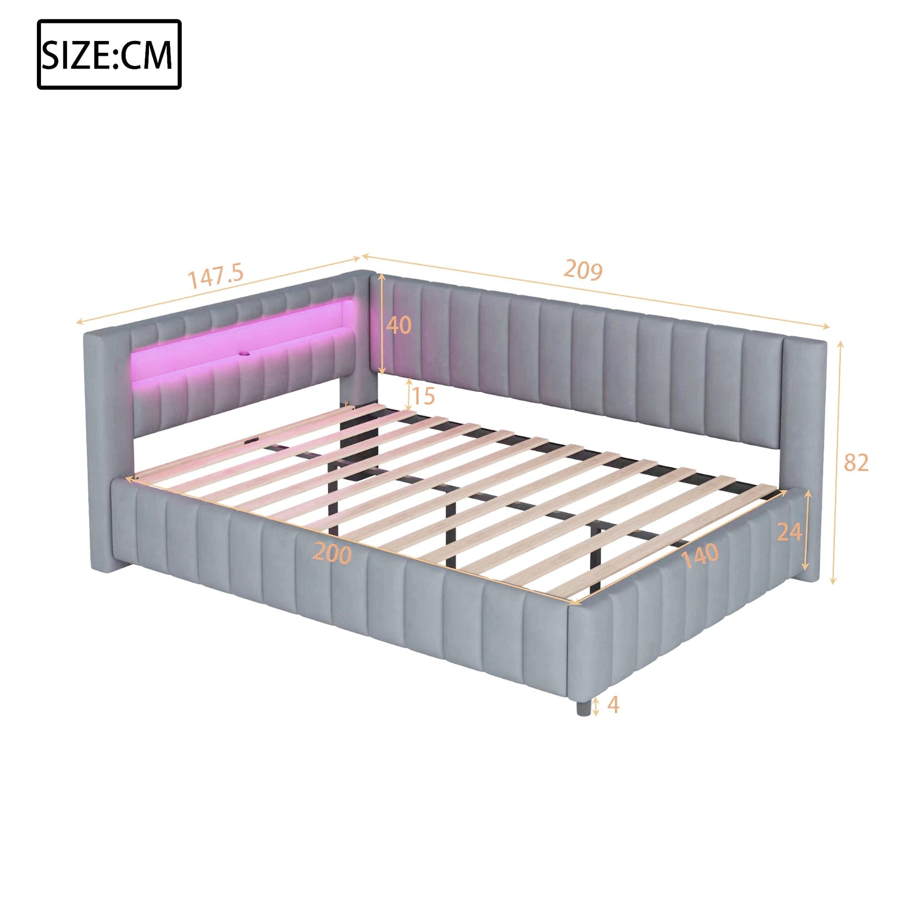 Sofa bed 140x200, LED light USB port, velvet grey