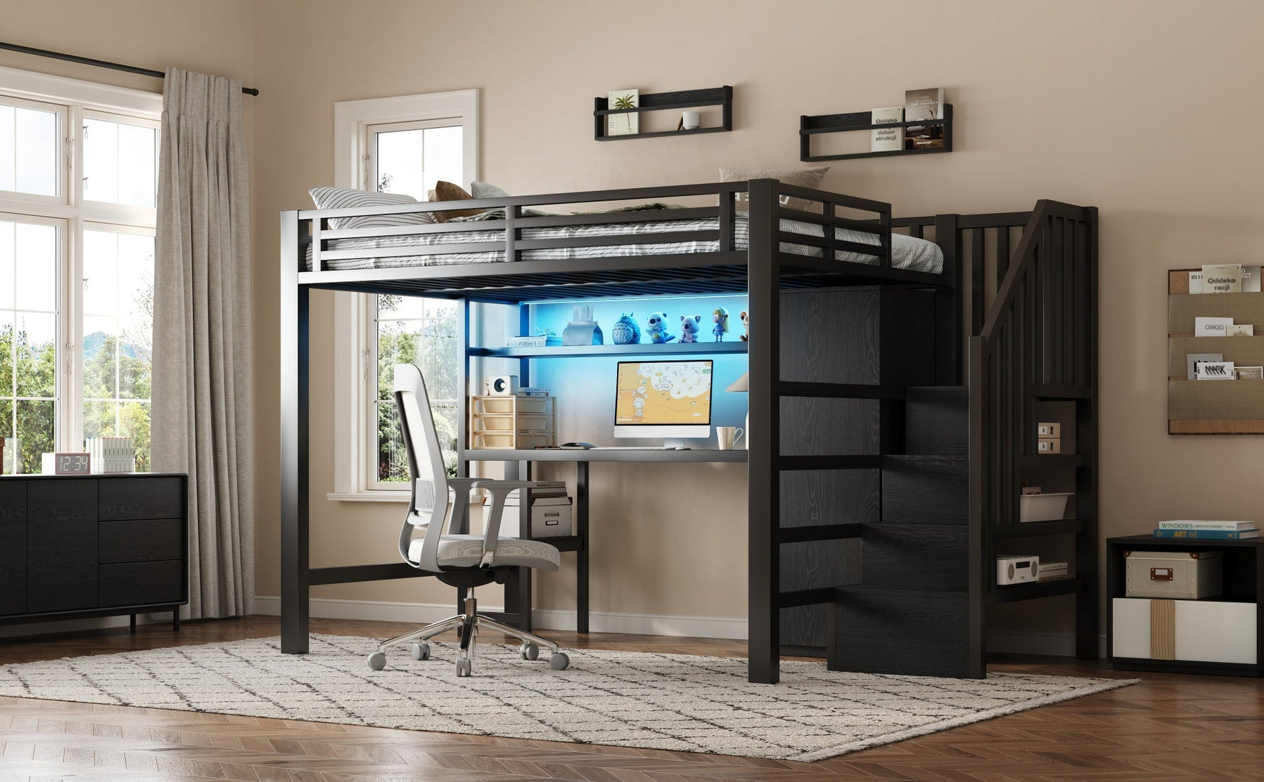 Metal Loft Bed with Desk, Shelf, Wardrobe and Storage Stairs, 140x200cm, Black Metal