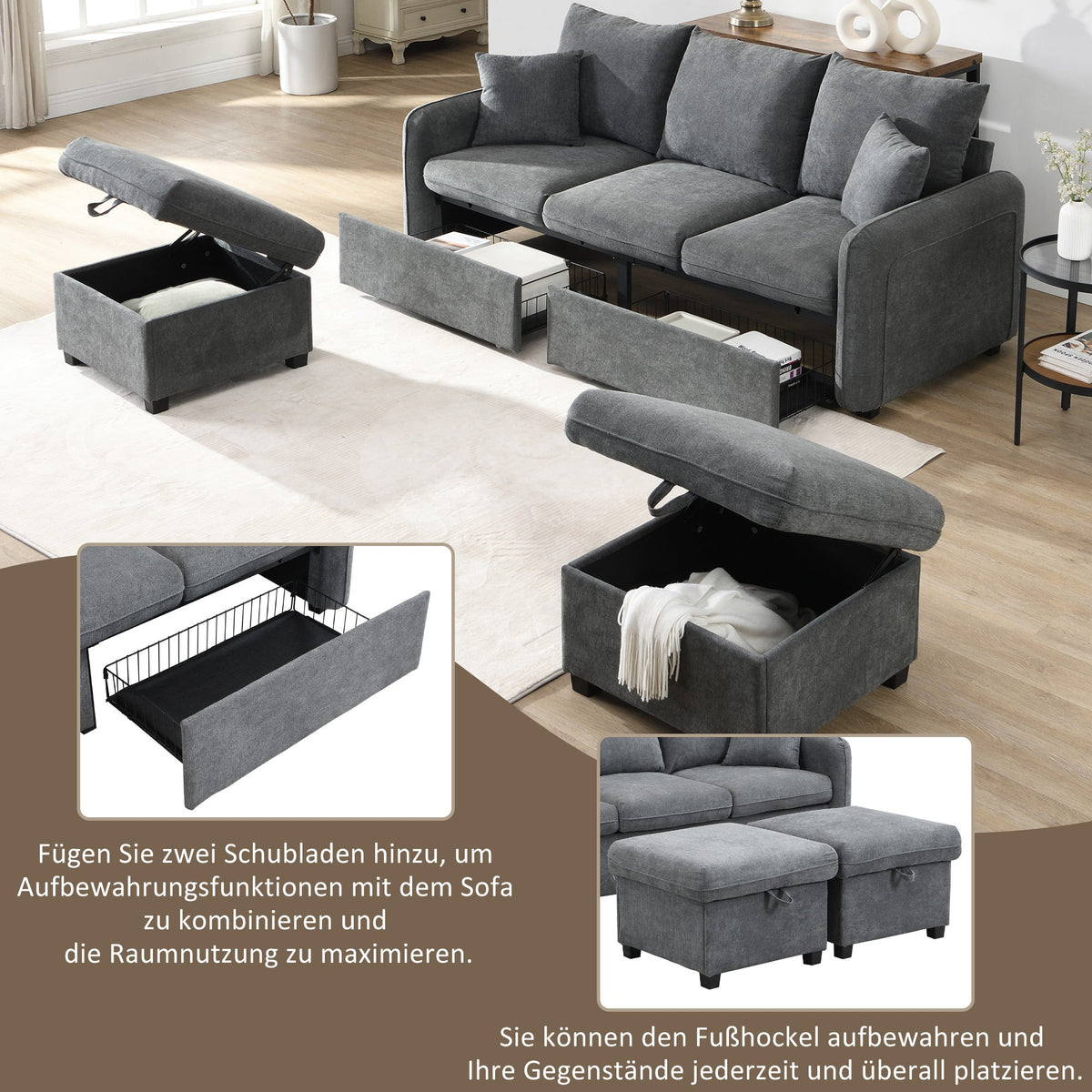 Corner Sofa U-Shaped Three-Seater Modular with Storage & Sleeping Function, Chenille