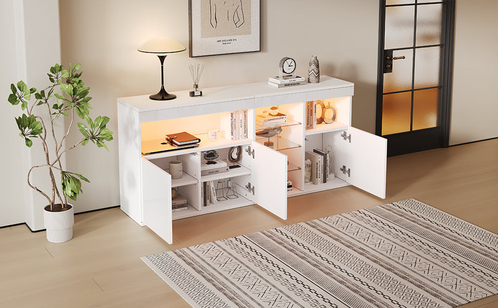 High-Gloss Cabinet 155.5cm LED 3 Doors Glass Partitions - White