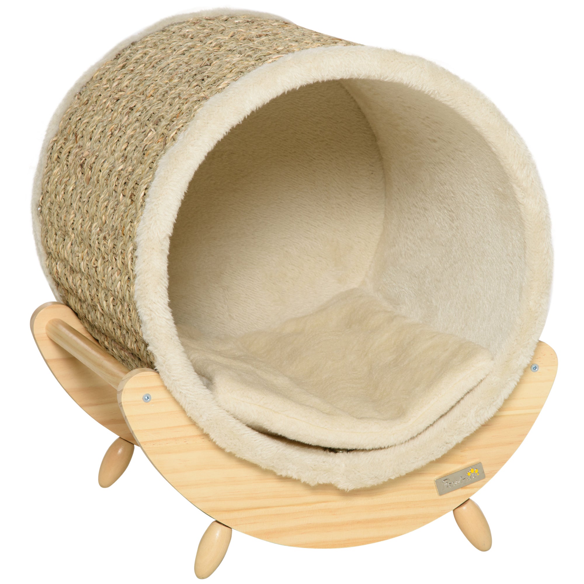 PawHut Cat Cave with Shelf Bed Scratching Pad, Pinewood Flannel, Khaki Natural & Beige
