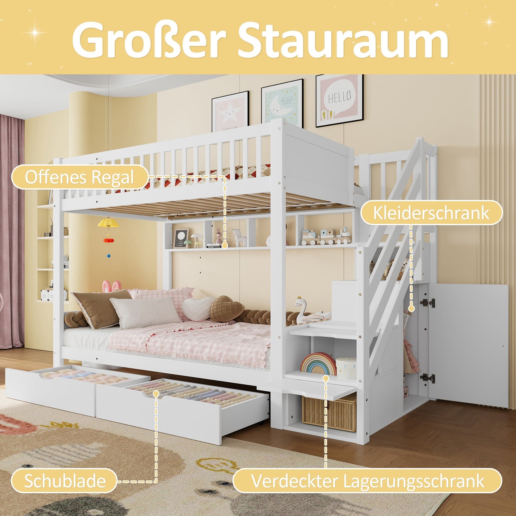 Bunk Bed 90x200cm Drawer Shelf Wardrobe Storage - White