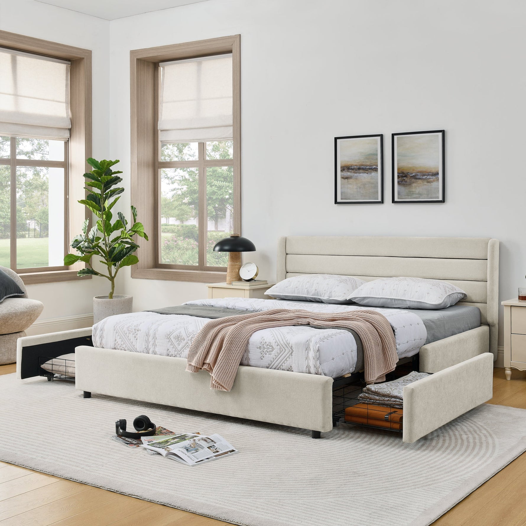 Double Bed 160*200 cm with 4 Storage Drawers, Chenille Beige