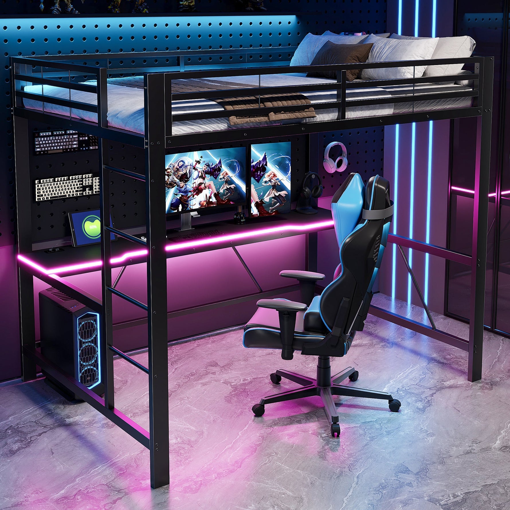 Gaming Loft Bed Frame with 140x200 Desk, LED and USB, Black Metal