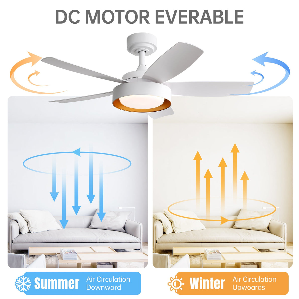 Ceiling Fan 42-Inch 22W LED Light Remote Control Reversible DC Motor White